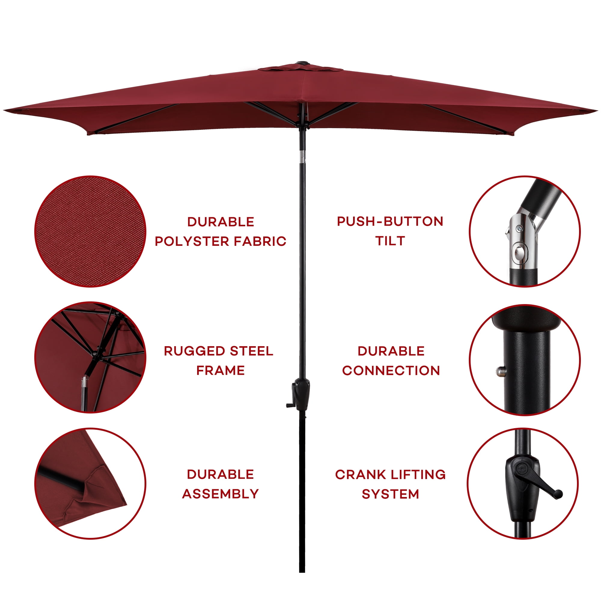 Sun-Ray 6.6x10 FT Rectangular Patio Umbrella with Push-Button Tilt and Hand Crank Canopy Lift, Table Umbrella with Solution Dyed Navy Fabric for Porch, Deck, Garden, and Swimming Pool, Burgandy