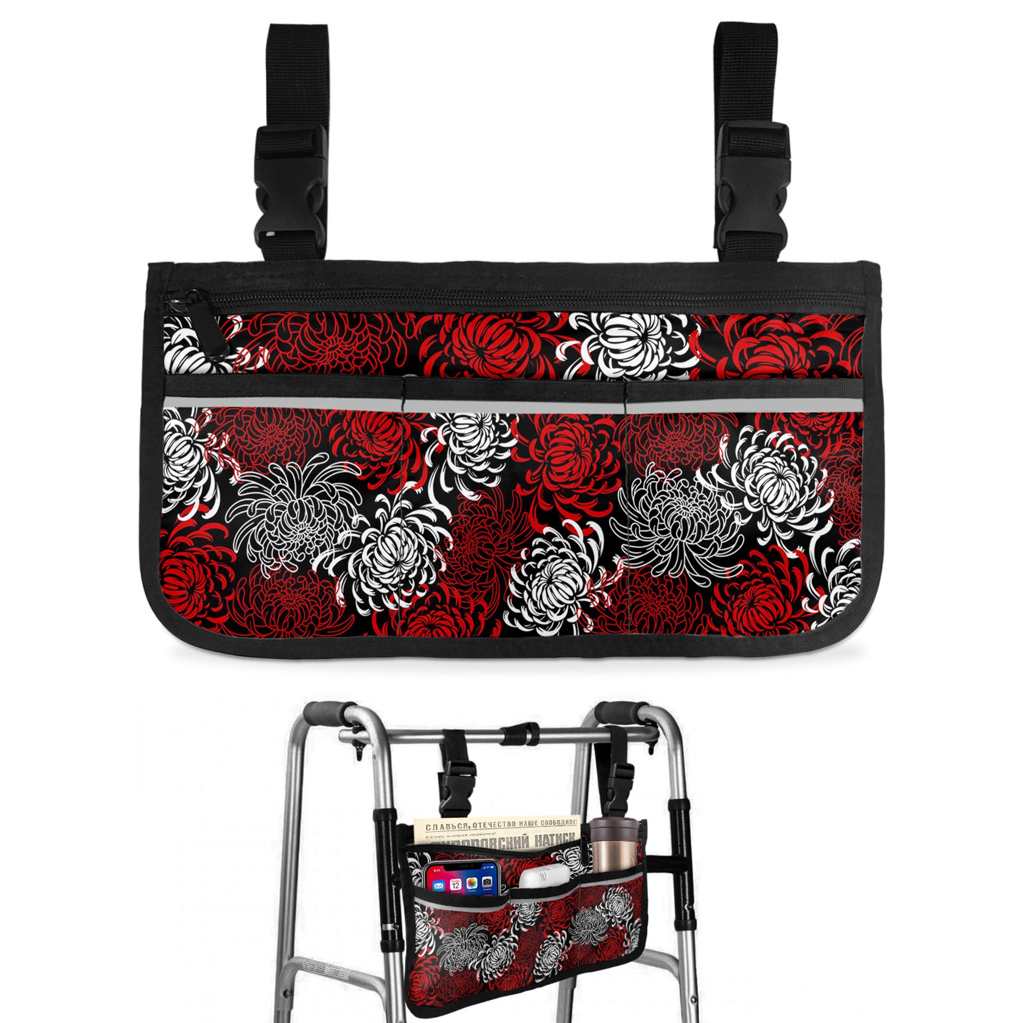 Red Grey Chrysanthemum Wheelchair Side Bag Walk Bag Basket, Farmhouse Botanical Floral Modern Wheelchair Accessories Armrest Pouch, Organizer Storage Bags for Walkers, Rollators, Scooters, 7.3"x13"
