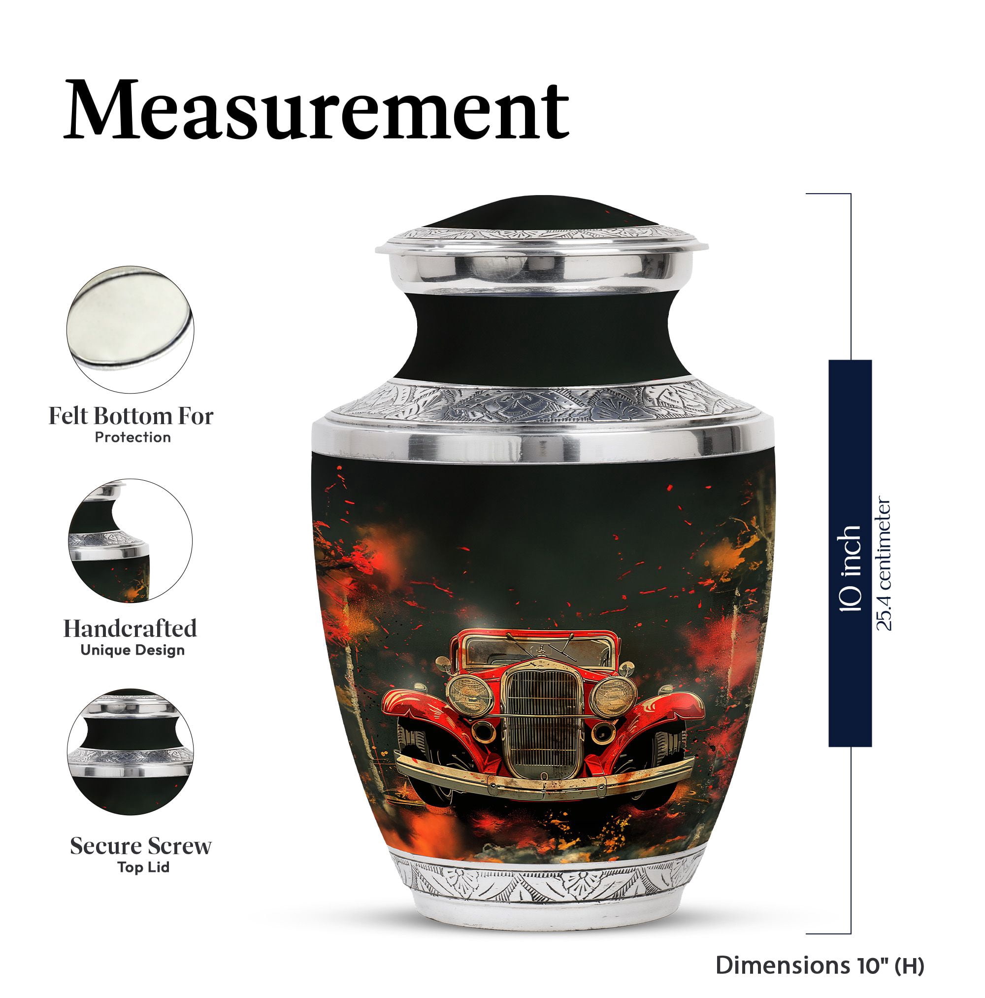 KARYLIZ Car Urns&nbsp;For Ashes - Funeral Urn For Ashes Adult Male - Cremation Urn For Human Ashes Female - Red Vintage Car In Colurful Field Of Flowers Decorative Set of 5-10 Inch, 3 Inch