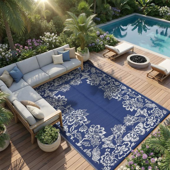Outdoor Rug 9x18ft, PP Woven Area Rug with Butterfly Floral Pattern, 320GSM Low Pile Camping Mat for Patio Backyard Garden Picnic, Navy & White