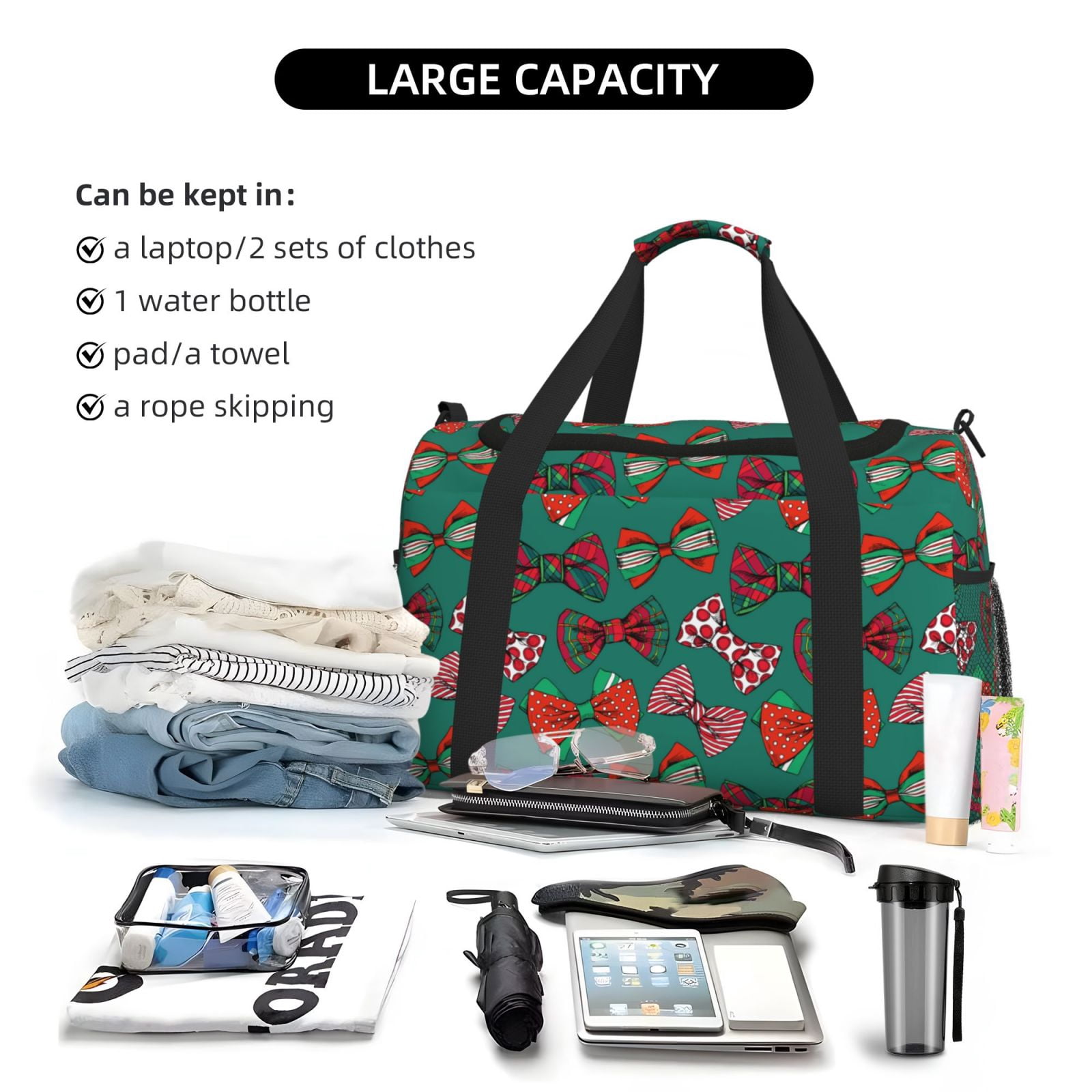 Fuzoiu red and green bow tie Print Travel Duffle Bag,Carry On Tote Bags,Duffel Bag,Sport Gym Bag, Hospital Bag for Labor and Delivery, Overnight Bag,Luggage Bag