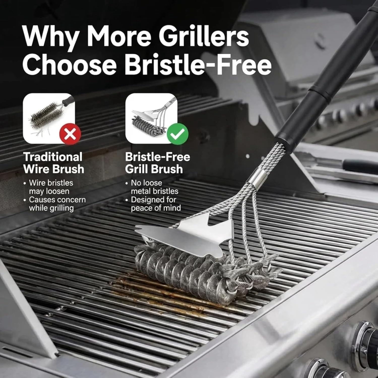 Bristle-Free Grill Brush with Scraper - Reinforced Coil Cleaning Brush, Long Handle Safe BBQ Cleaner for Gas and Charcoal Grates