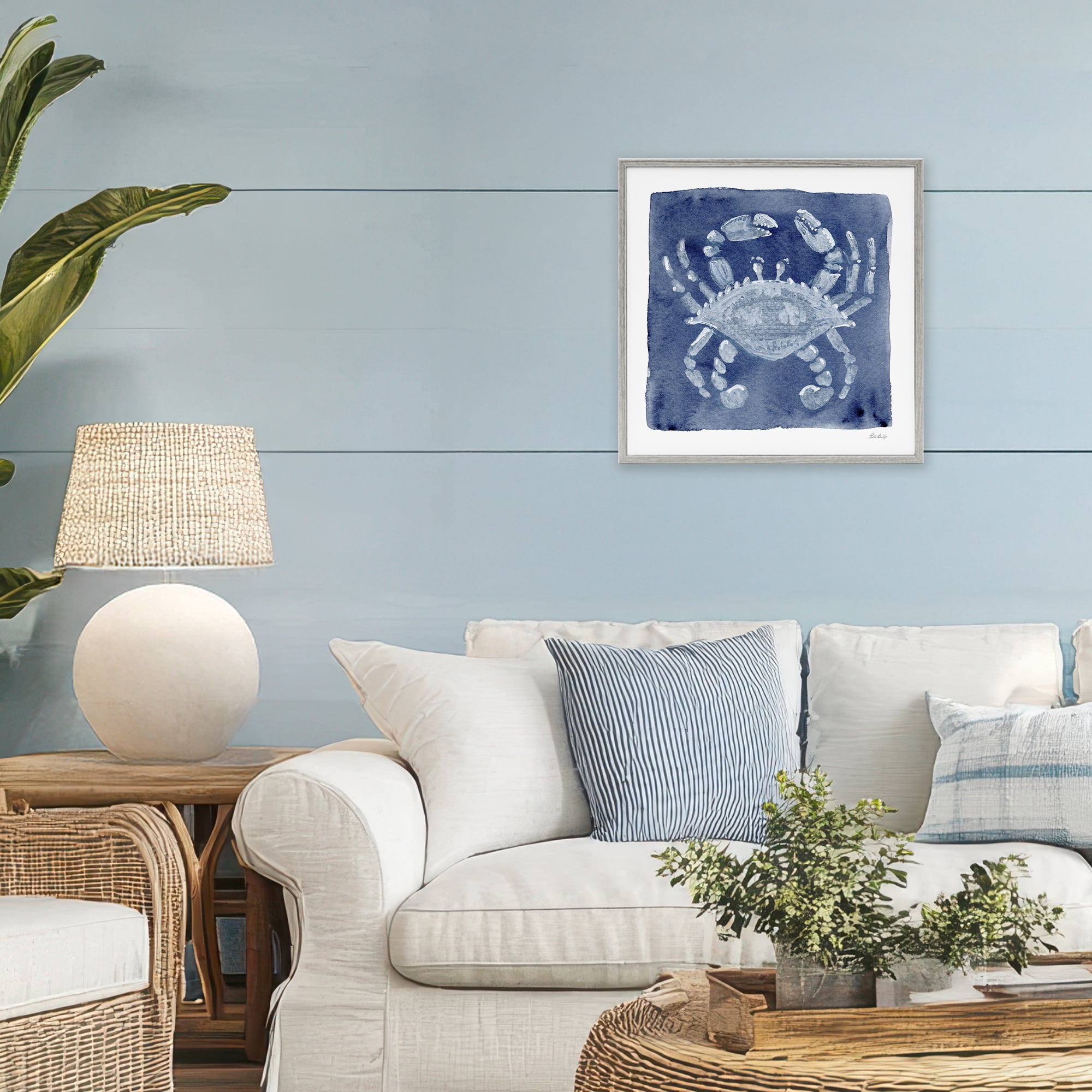 Stupell Industries White Crab on Indigo Gray Framed Giclee Art, design by Patti Bishop