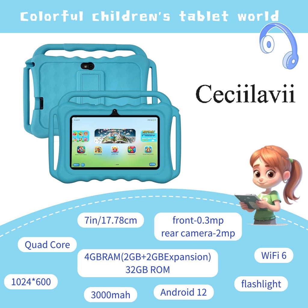 Kids Tablet with FREE Educational Contents, Android 12 Study Pad,7 Inch HD display,4GB RAM 32GB ROM,Quad Core,WIFI,Bluetooth,2Cameras,Google Teachers Approved Apps, Online Class Zo