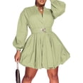 thumbnail image 3 of Womens Mini Dress Puff Sleeve Dresses  Button Down Sexy V Neck A Line Party Clubwear with Belt, 3 of 4