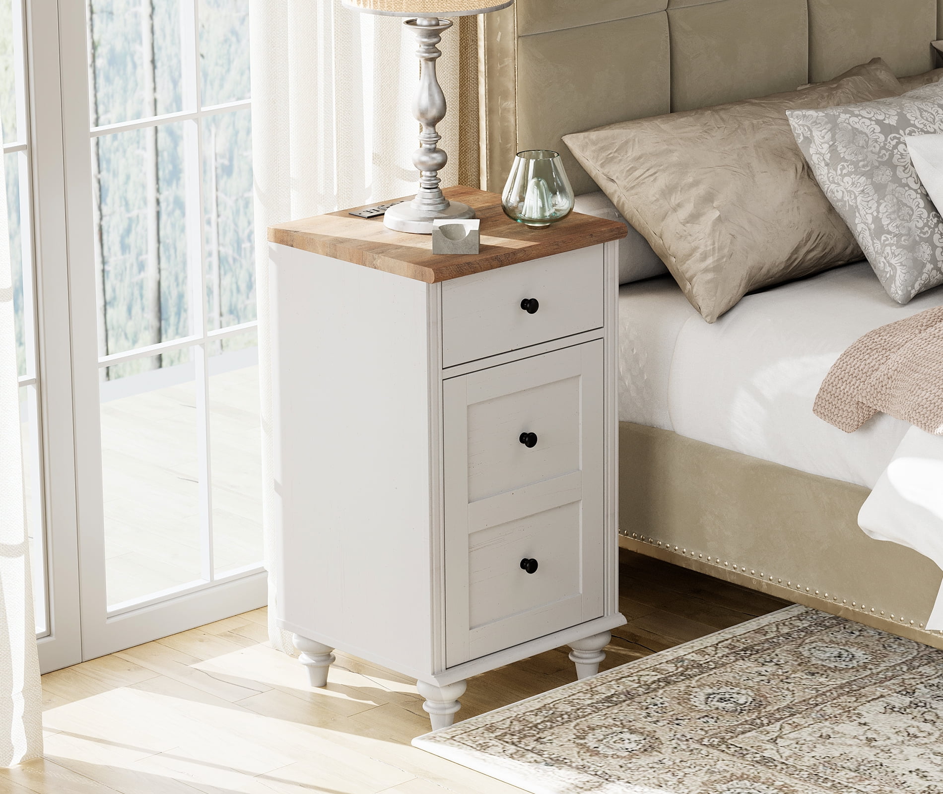 2PCS White End Tables with Charging Station, Power Outlets & USB Ports, Modern Nightstand with Drawer & Storage Cabinet for Bedroom & Living Room