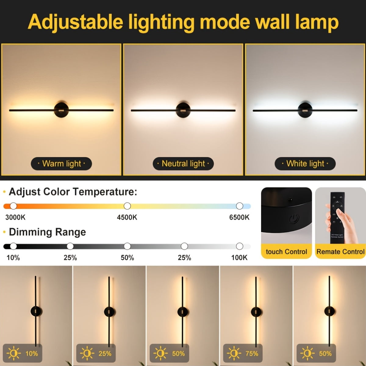 31.5 Inch Battery Operated Wall Sconce Set of 2, Dimmable Battery Sconces with Remote Control, 8000 mAh Rechargeable Sconces, 360° Rotate Modern LED Lights for Bedroom, Living Room, Black Gold