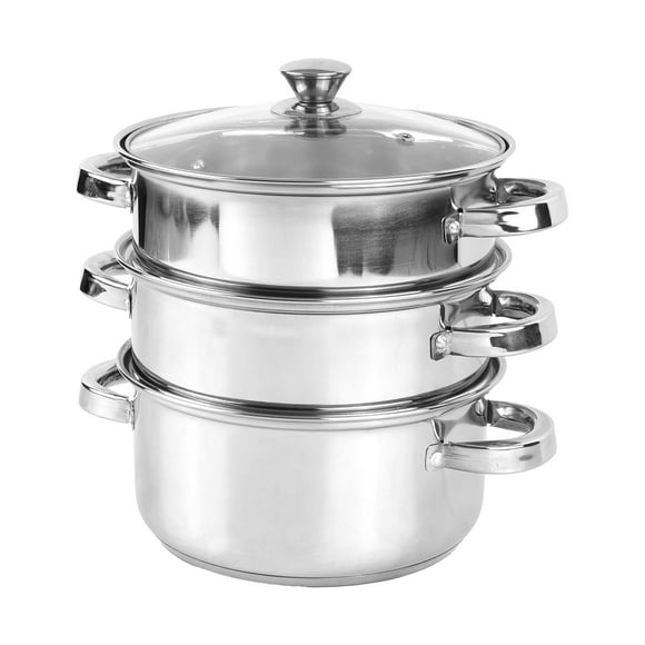 Stainless Steel 3 Tier Momos Maker & Steamer Set With Glass Lid & Handles - Silver, 2 Liters, 21cm | Gas & Induction Friendly - 3 Layer Sandwich Bottom Steamer | Multi Cooking Modak, Veggies Maker