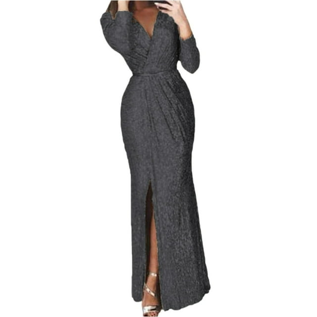 Robe à Paillettes pour Femmes à Col en V Profond avec Fente, Manches Longues, Robe de Boîte de Nuit, de Fête et de Soirée