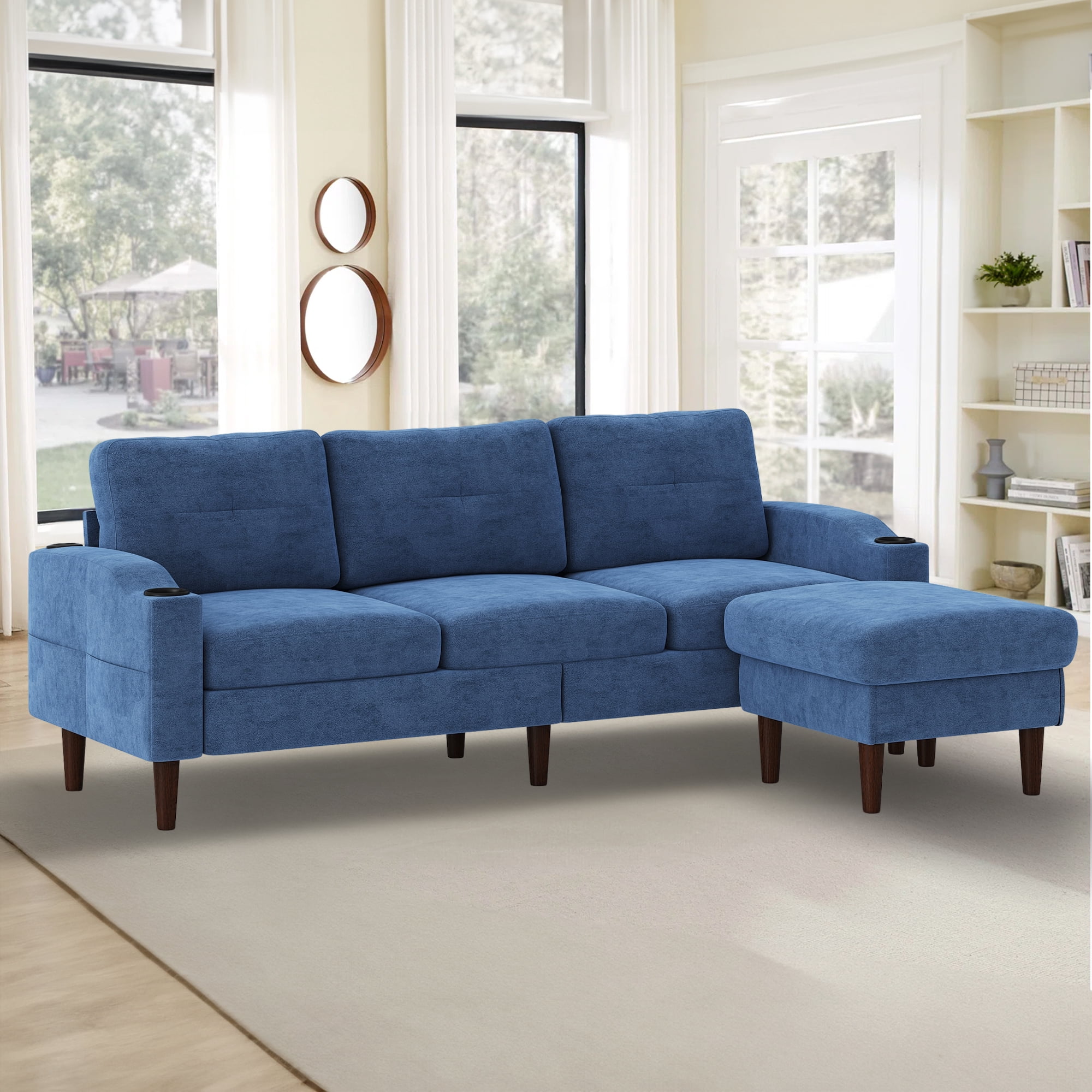 Aukfa L Shaped Sectional Sofa with USB Ports and Cup Holders, 78" 3 Seater Couch with Storage Ottoman, Blue