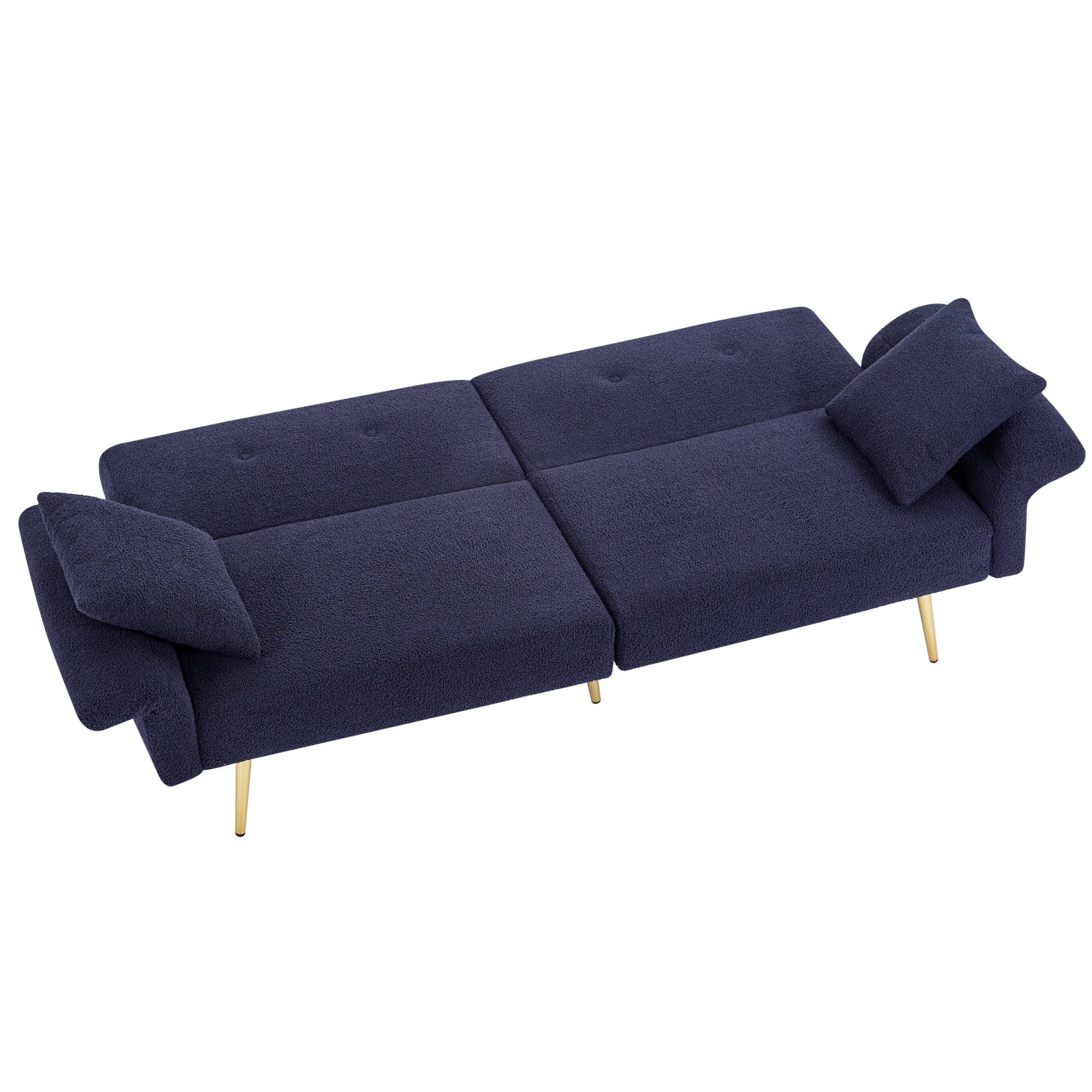 Jopath 80" Futon Sofa Bed,Teddy Upholstered Convertible Loveseat Sleeper Sofa Couch with Foldable Armrest,Adjustable Backrest and Golden Metal Legs for Living Room,Dark Blue