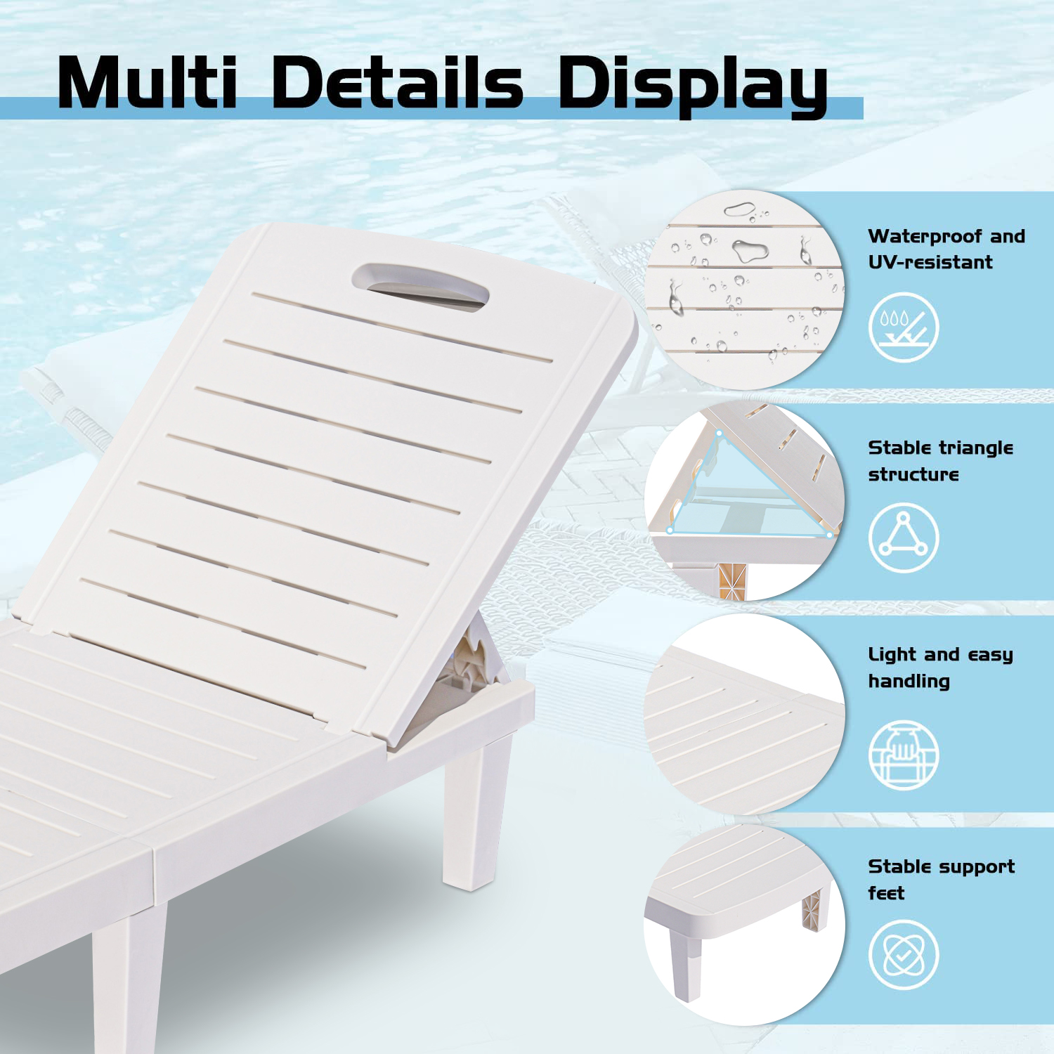 Outdoor Chaise Lounger, Single Patio Chaise Lounge Chair Furniture Set with Adjustable Back and Retractable Tray, All-Weather Plastic Reclining Lounge Chair for Beach, Backyard, Porch, Garden, Pool, L - image 5 of 9
