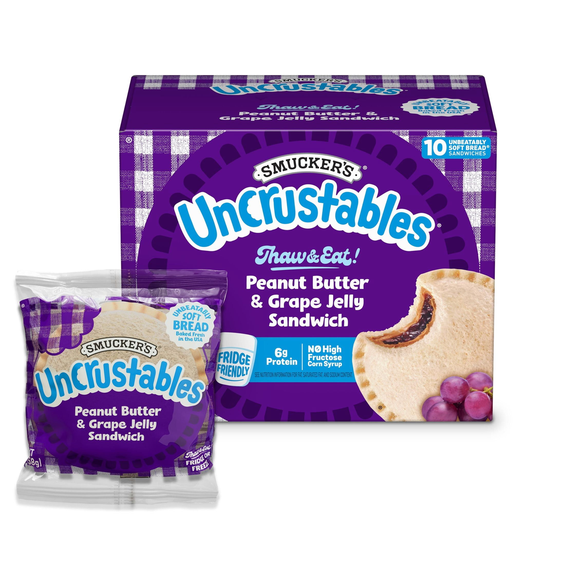 Smucker’s Uncrustables Peanut Butter & Grape Jelly Sandwiches, 10 Count, 2 oz Each, Frozen