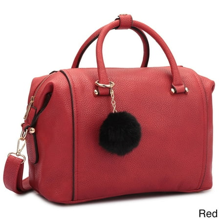 - Faux Leather Satchel Handbag with PomPom