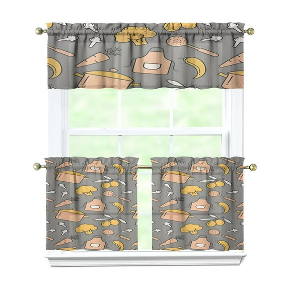 Kitchen Food Cooking Chef 3-Piece Kitchen Curtains Set Kitchen Curtains Sets with Valance for Windows Rod Pocket Machine Washable Kitchen Decor Decorations (54"x18" 2x27.5"x24")
