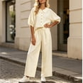 thumbnail image 6 of Uootdi Women's 2 Piece Matching Lounge Set Puff Sleeve Peter Pan Collar Button Top Drawstring Wide Leg Linen Pants Set with Pockets, 6 of 7