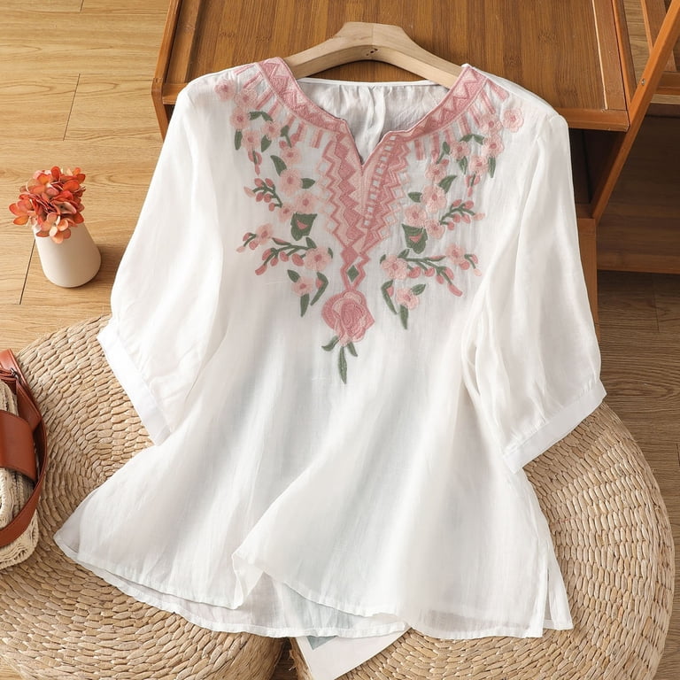 BODOAO Linen Embroidered Top for Women 3/4 Sleeve Tunic Tops Soft
