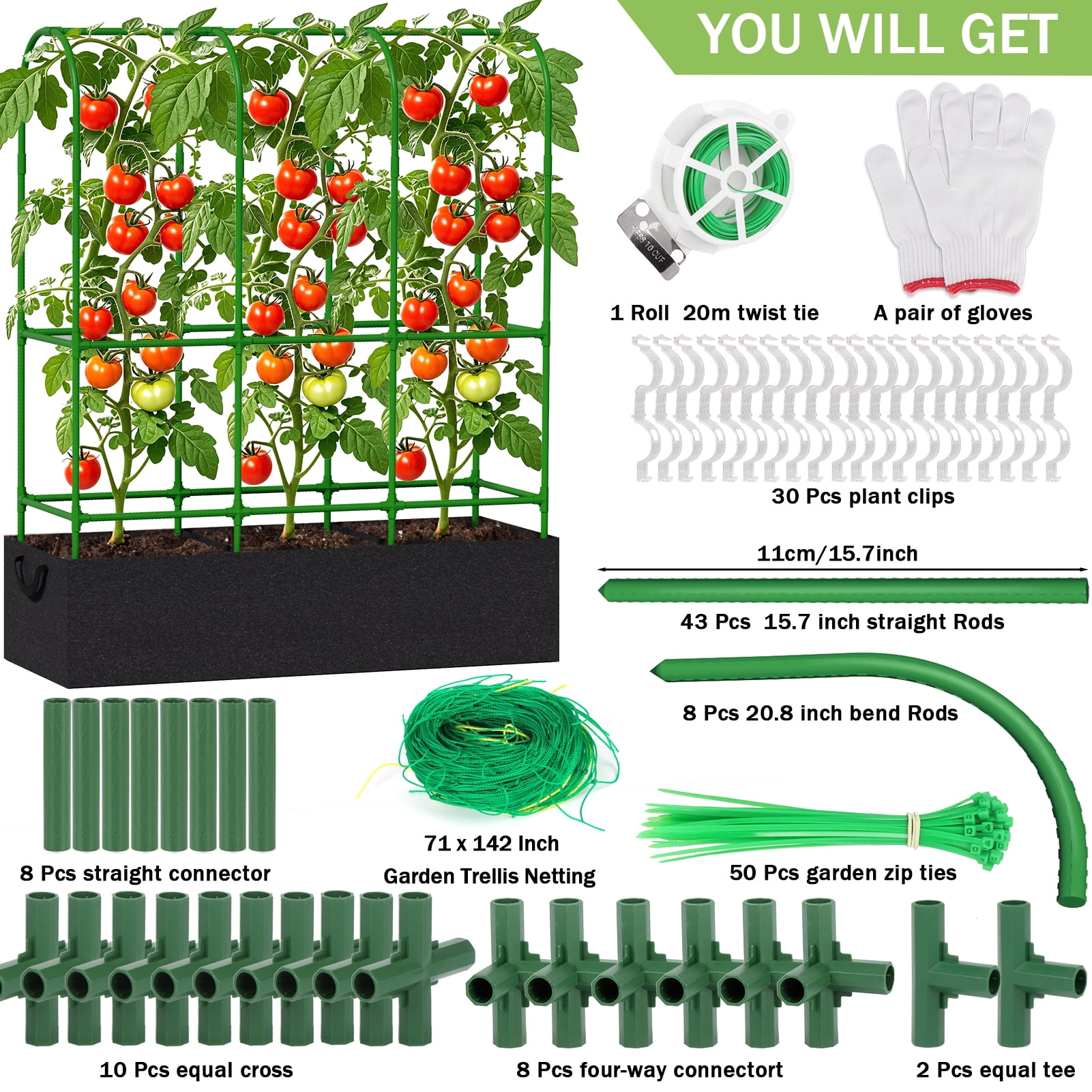 Budiwati Cucumber Trellis, Garden Tomato Cage, Adjustable Garden Trellis with 46 Gallon Grow Bags