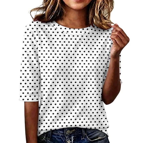 Gaukiv Womens Half Length Sleeve Tops Polka Dot Shirts Crew Neckline Blouses Gray S