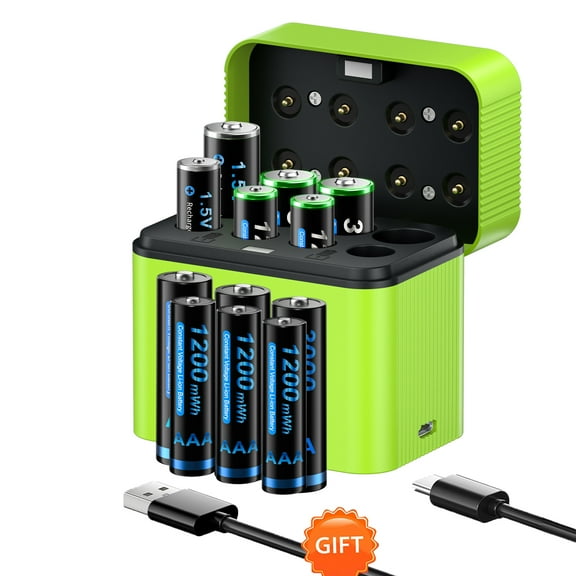 Rechargeable 6 Pack AAA Batteries and 6 Pack AA Batteries Lithium with Charger,1.5V Double A and Triple A Battery,Pilas Recargables with 8 Bay Charging Storage Box for 1.5V Li-on AA and AAA Battery