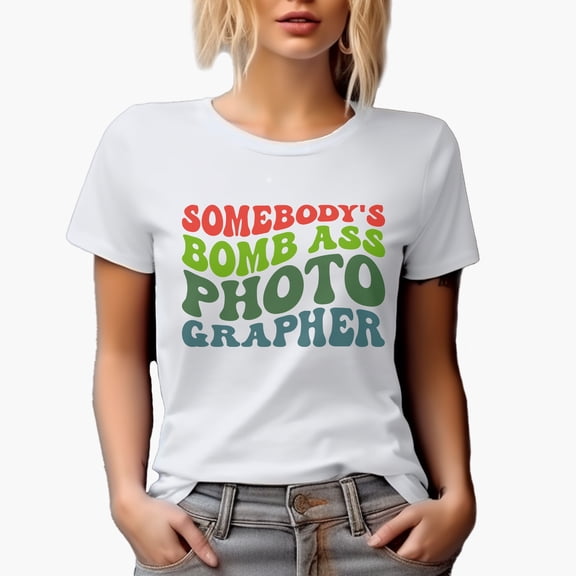 Somebody's Bomb Ass Photographer, Groovy Retro Wavy Text Merch Gift, White T-Shirt, Small