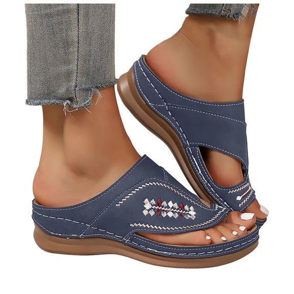 Orthopedic Sandals for Women Platform Wedges Embroidery Toe Ring Flip Flops Summer Casual Walking Beach Shoes Blue Size 7.5