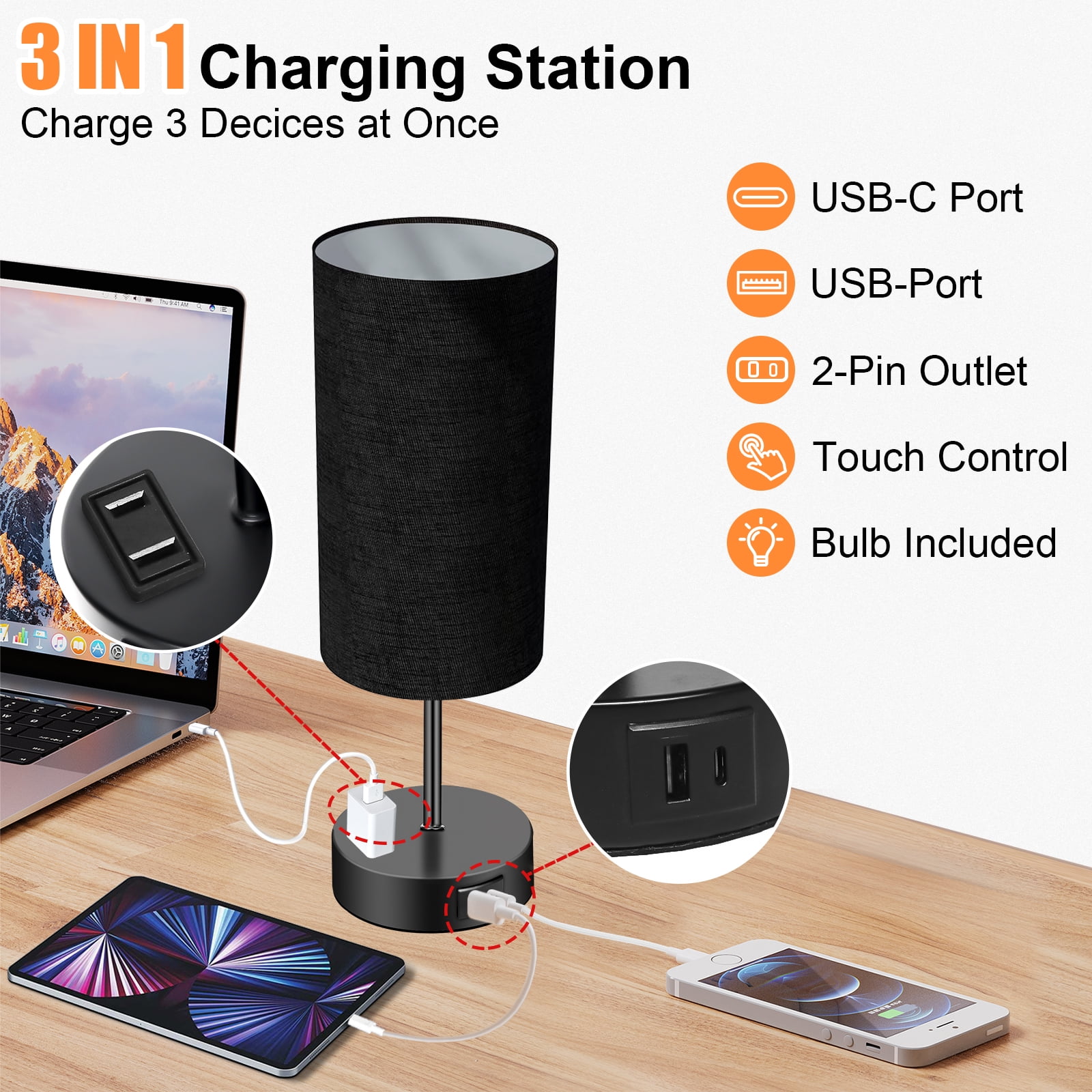 Table Lamps for Bedroom, 3 Way Dimmable Touch Control Bedside Lamp with USB C+A Fast Charging Ports, Nightstand Lamp for Office, Living Room, Reading(E26 Light Bulb Included), Black