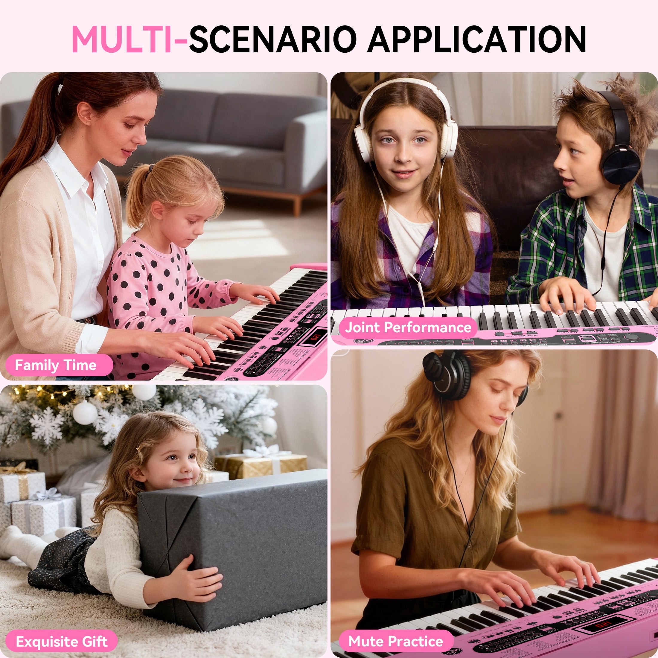 Fenbeli 61-Key Piano Keyboard with Lighted Keys, Stand, Bench, Microphone, Headphone, Electronic Keyboard Piano Set, Pink