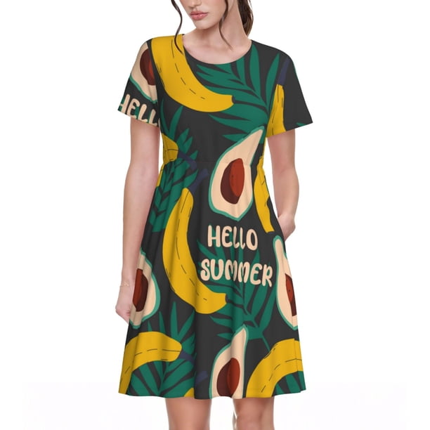 Balery Banana And Avocado Vestidos sueltos de manga corta para mujer, vestidos de verano 2025, vestidos casuales de corte A con vuelo.