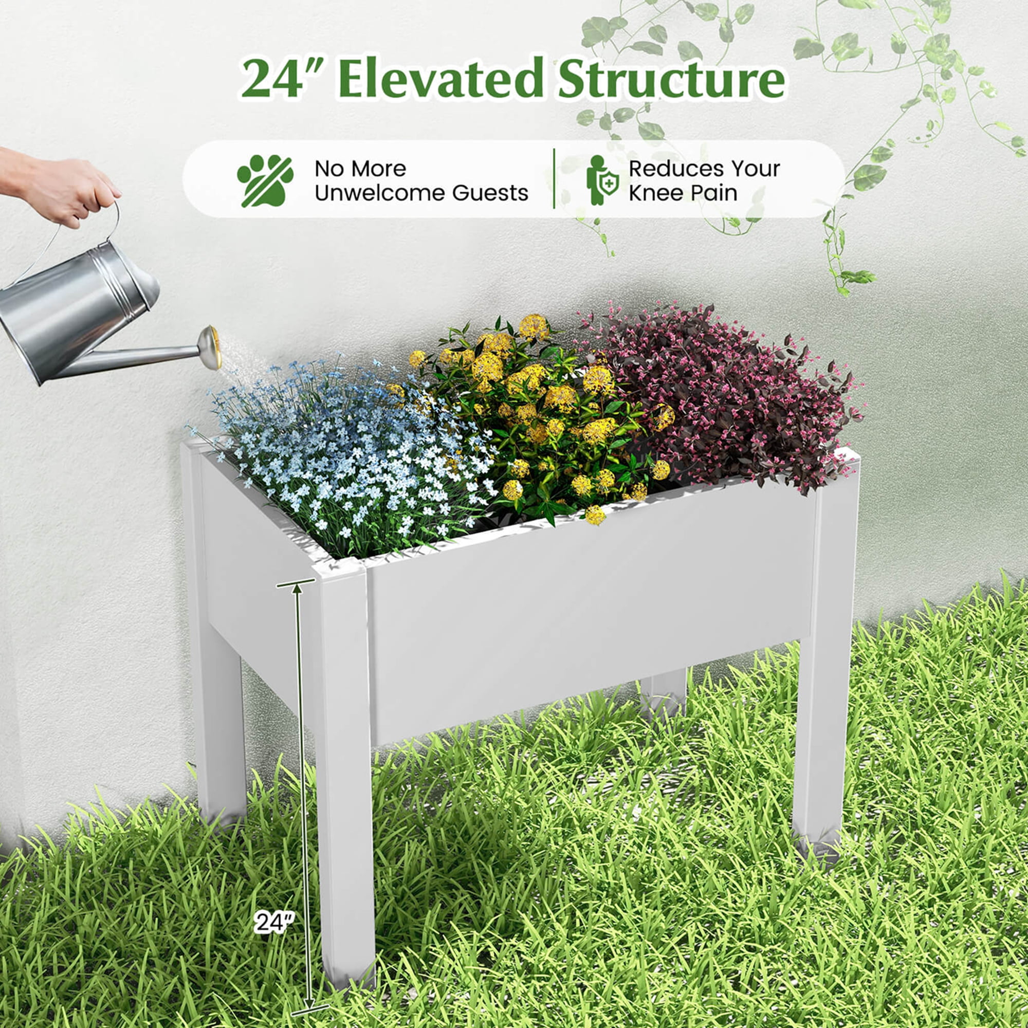 Costway Raised Garden Bed with Water Level Indicator Drainage Hole for Vegetables Outdoor Greyish-white