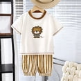 thumbnail image 5 of SGFCWSX Boys 2 Piece Outfits Summer Print Short Sleeve T Shirt Striped Elastic Waist Shorts Casual Set for Kids Khaki Size 8, 5 of 7