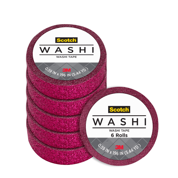 Scotch Expressions Glitter Washi Tape, Arts and Crafts Tape, .59 in x 196 in, Hot Pink Glitter, 6 Rolls