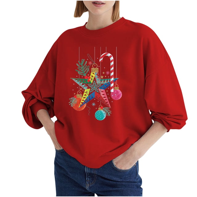 Blusa holgada de manga larga con cuello redondo y estampado navideño para mujer Fridja bvmnju2456