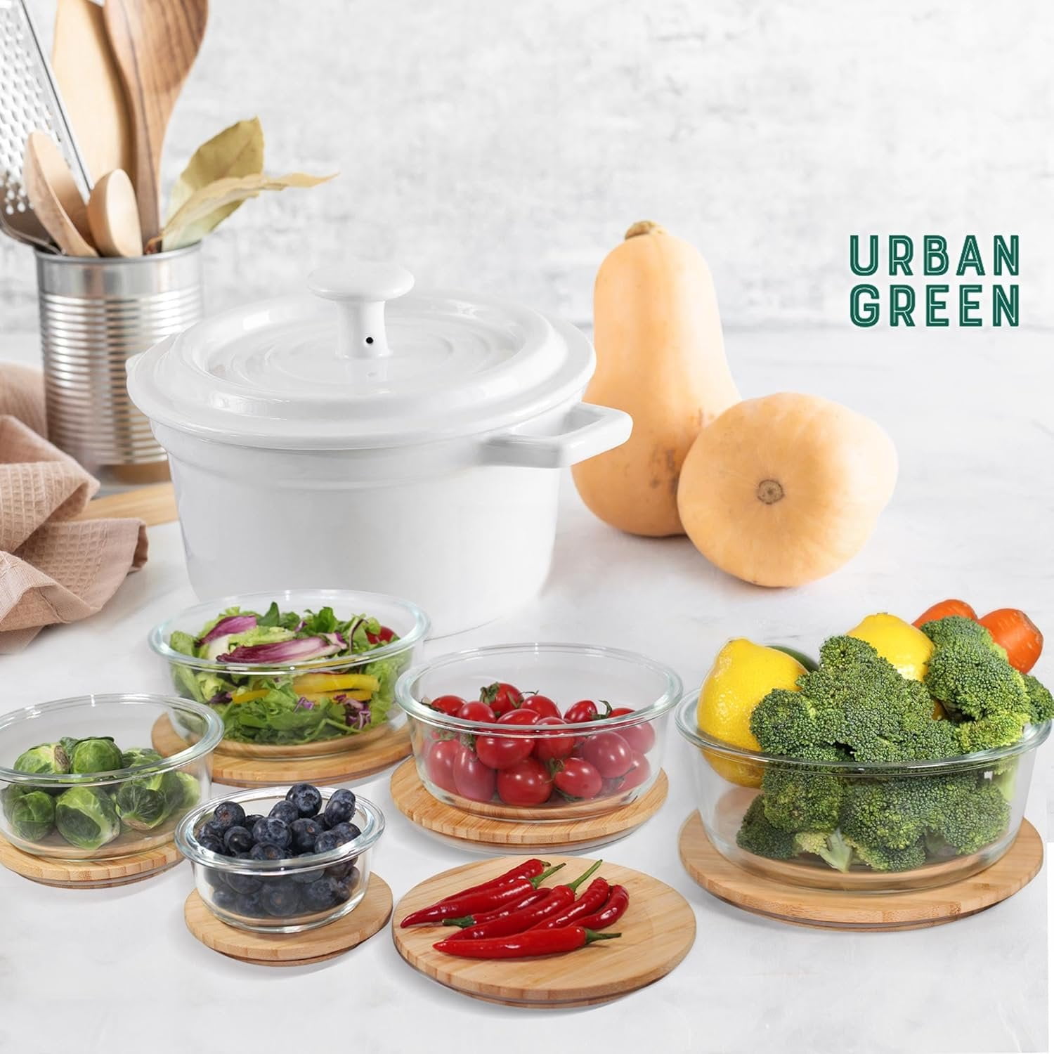 Urban Green Glass Rectangular Shaped Food Container Set of 4 with White Sand Silicone Framed Glass Lid