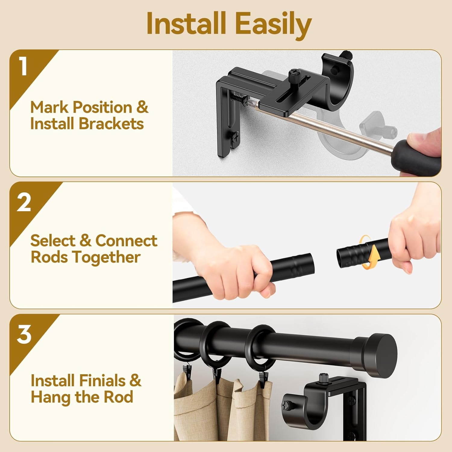 Square 2-Pcs Curtain Rod 32-144 Inch, Heavy Duty 1 Inch Adjustable Curtain Rods for Windows, Black Extra Long Window Treatment Rods, Modern Design, Easy Installation