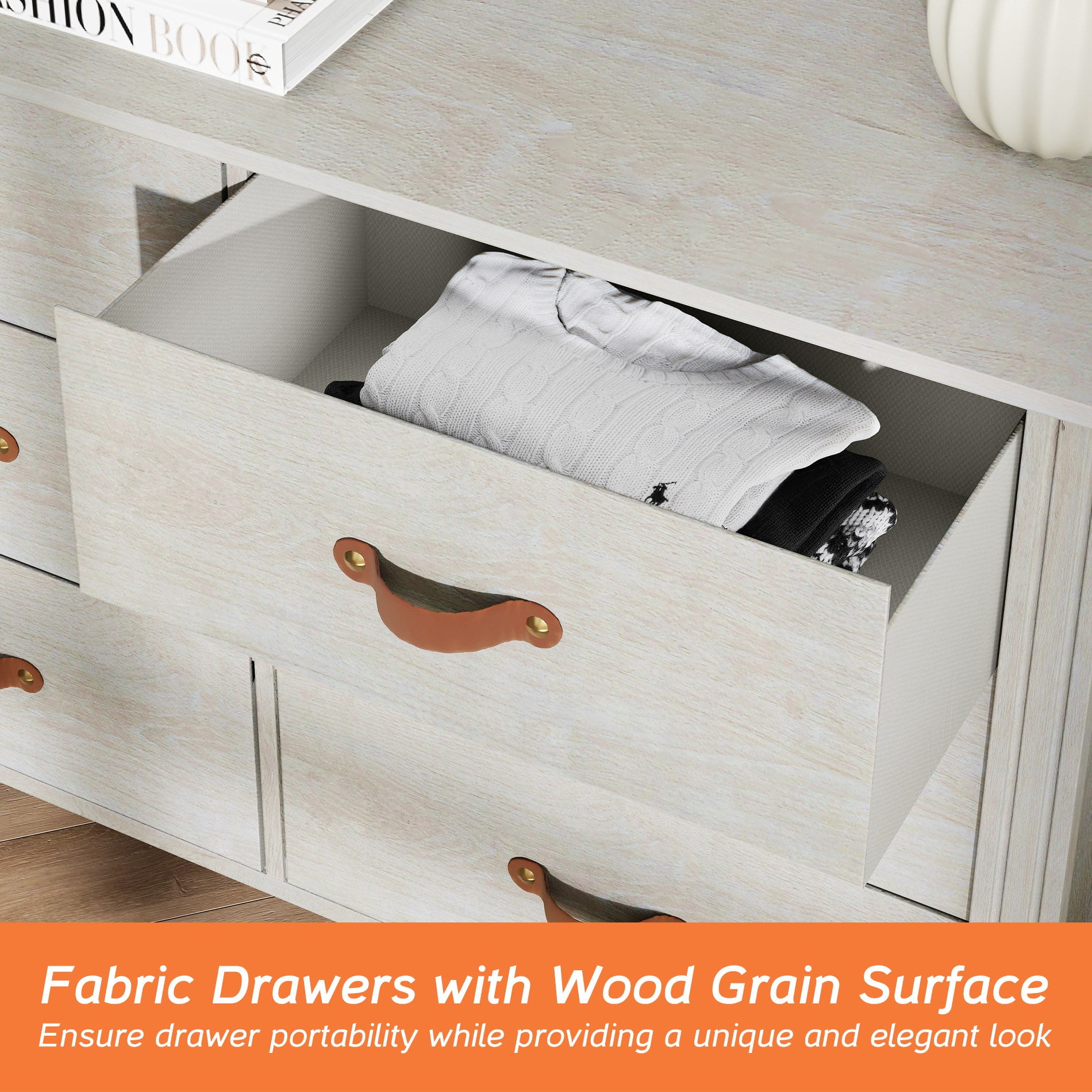 Wampat Wide Chest of Drawers with 6 Drawers, Wood Kids Dresser for Living Room, Bedroom, Off White
