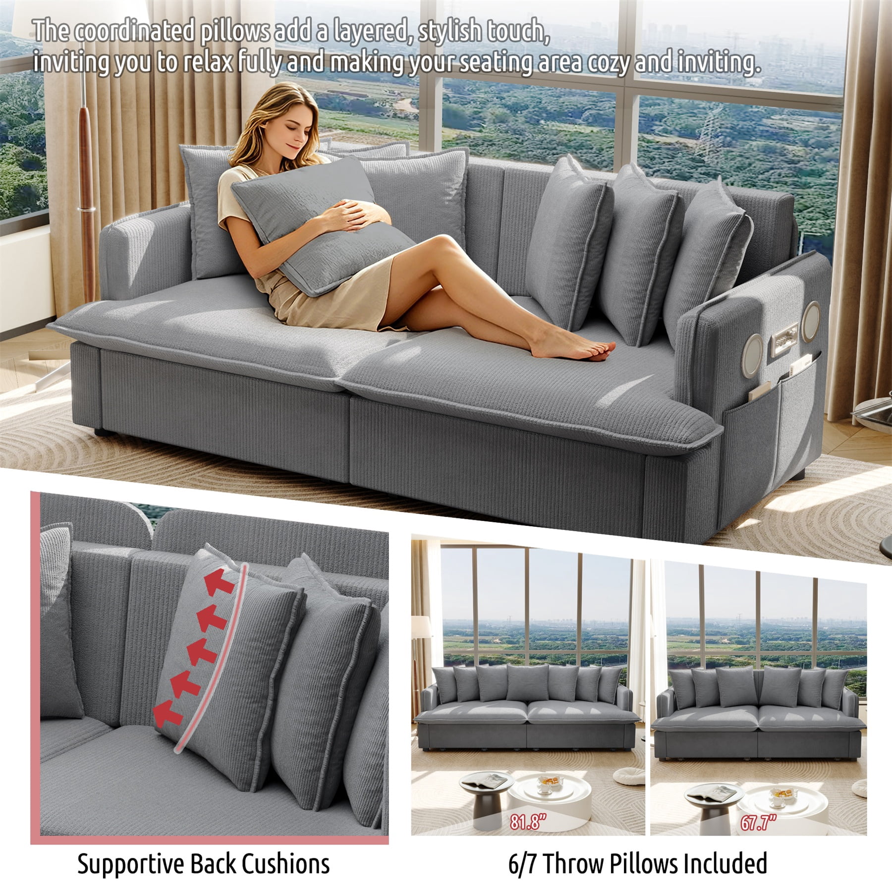 Alvantor 3 in 1 Convertible Sleeper Sofa Bed, 68" W Pull Out Sofa Bed with Bluetooth Speakers, USB Ports for living room, Apartment, Grey
