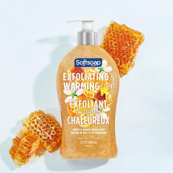 Savon liquide pour les mains exfoliant Softsoap Therapy, Parfum chaleureux de miel et de cassonade, 384 mL.