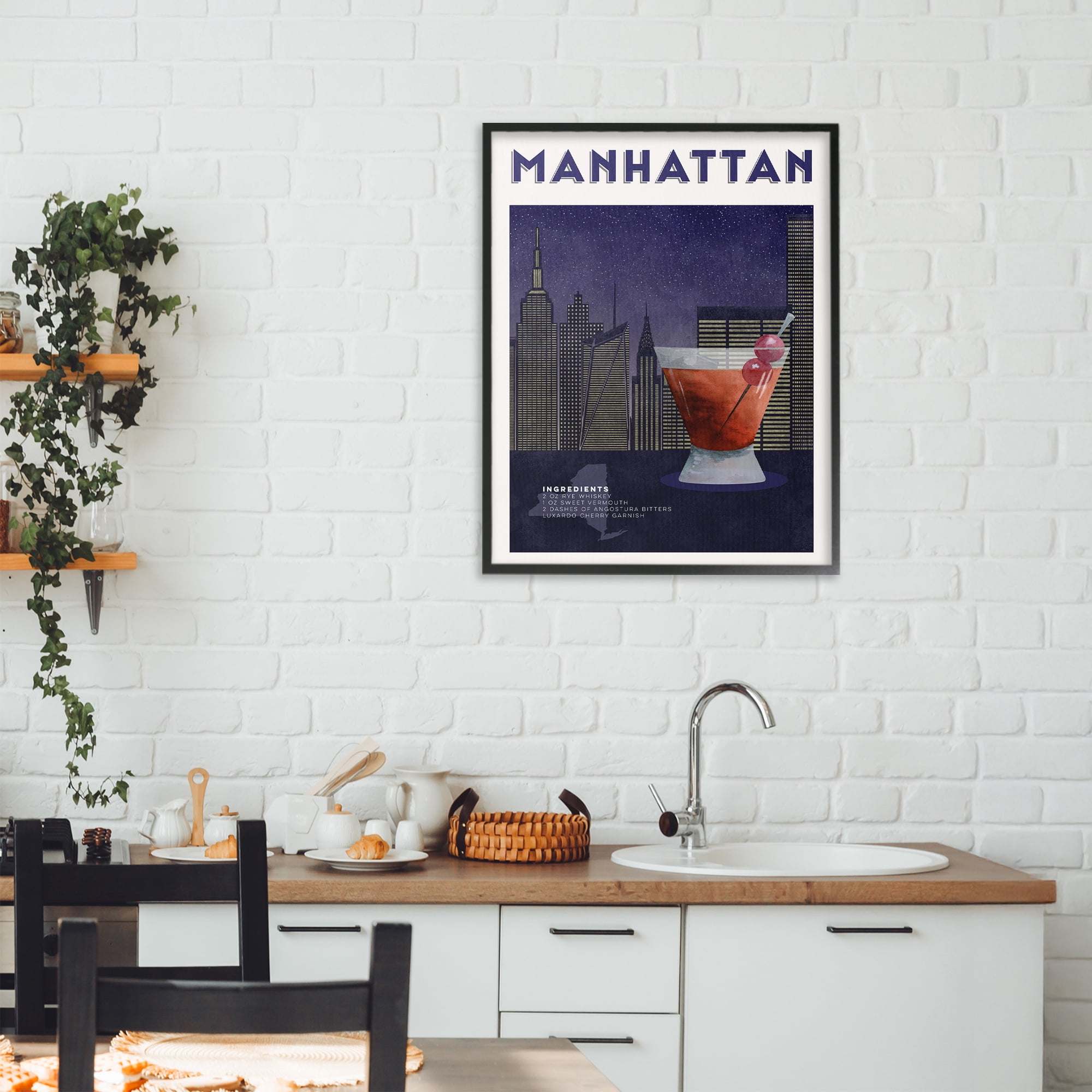 Retro Manhattan Cocktail Cityscape Black Framed Giclee Art, design by Brett Blumenthal