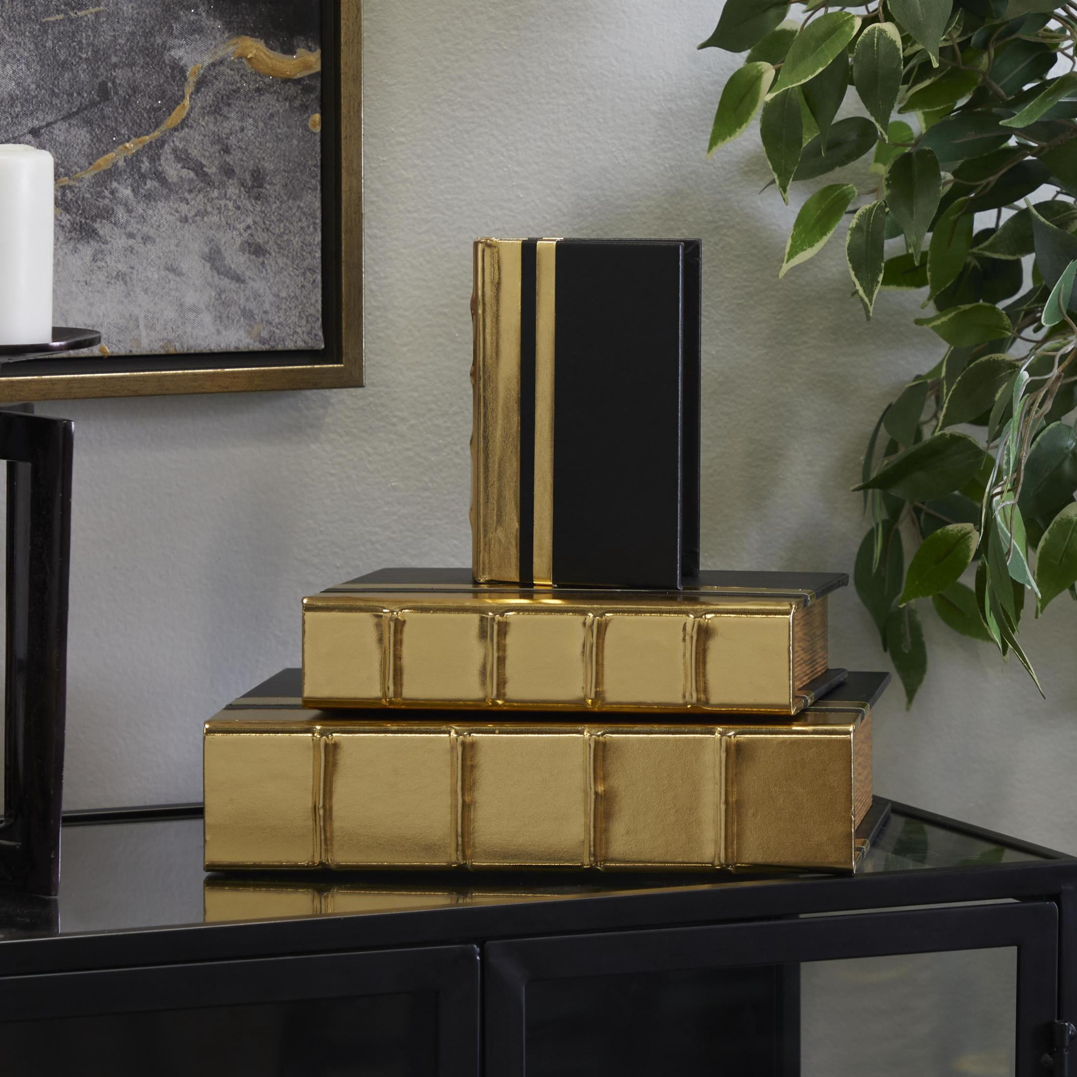 CosmoLiving by Cosmopolitan Metallic Faux Book Storage Gold Faux Leather Decorative Box, 3 Count