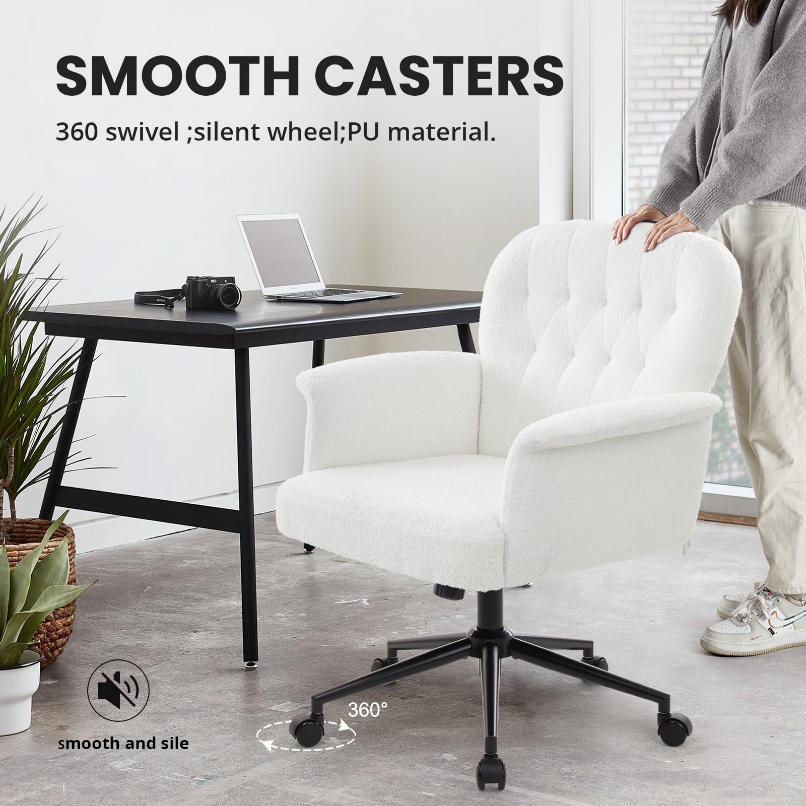 Home Office Desk Chair, Teddy Fabric Cozy Desk Chair with Wheels and Arms, Modern Upholstered High Back Wide Seat Vanity Chair for Bedroom Living Room Makeup