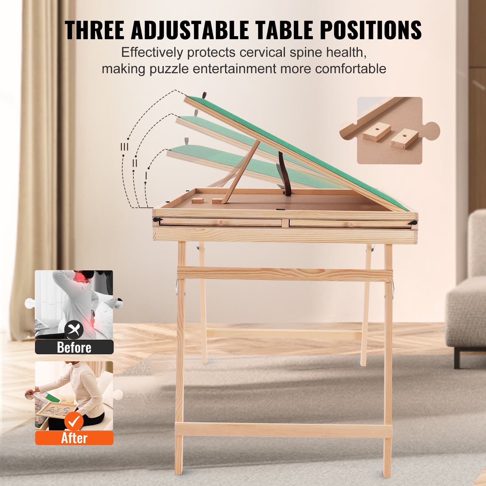 Table à Puzzle En Bois – 3 Angles Inclinaison + 6 Tiroirs + Couvercle Transparent – Pour 1500 Pièces