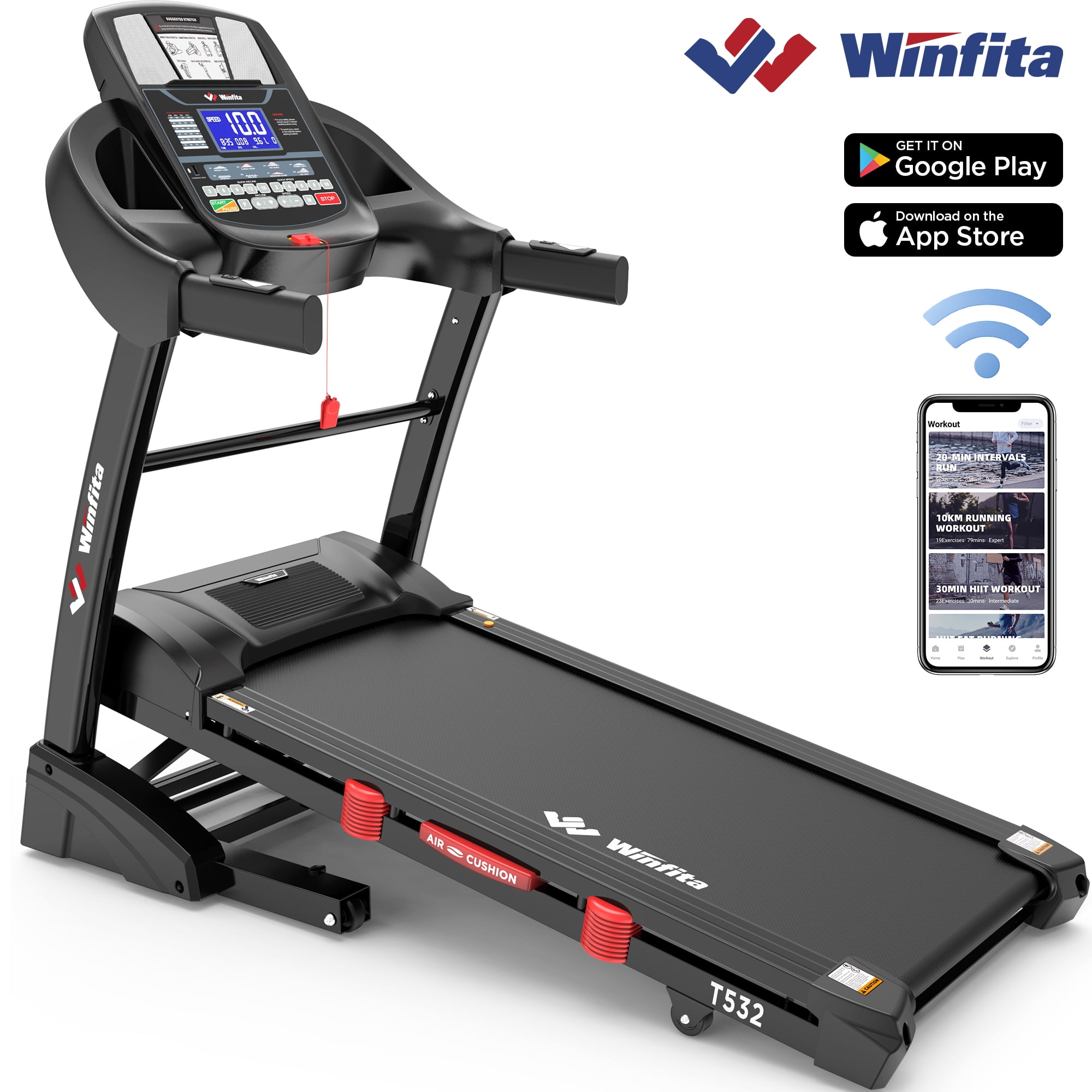 Winfita 4.5HP Smart Folding Electric Treadmill with APP Control,  15 Levels auto incline, Up to 10MPH Speed