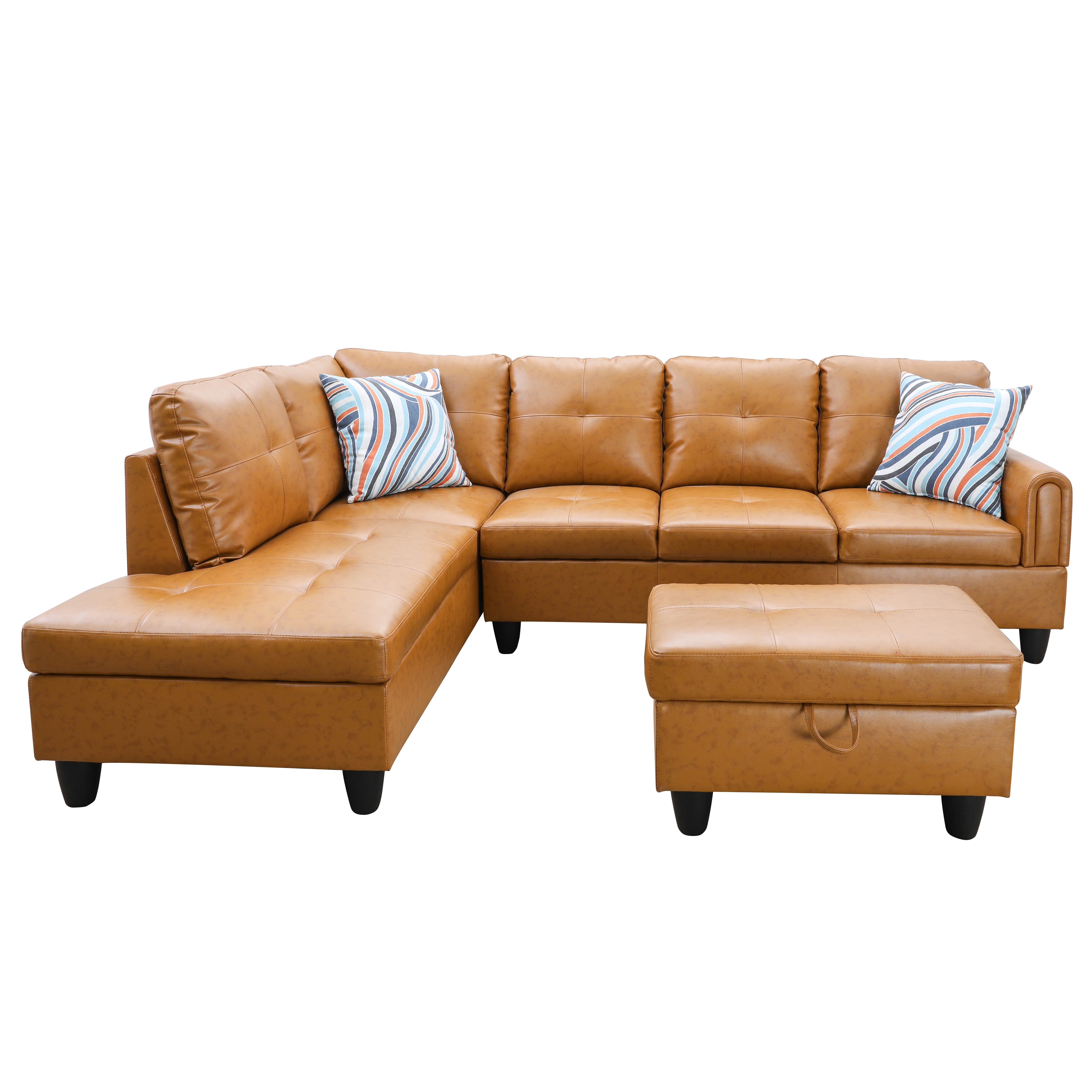 MAYEERTY 97" Faux Leather Sectional Sofa, 3-Piece Couch Living Room Sofa Set with Ottoman, Ginger (Left)