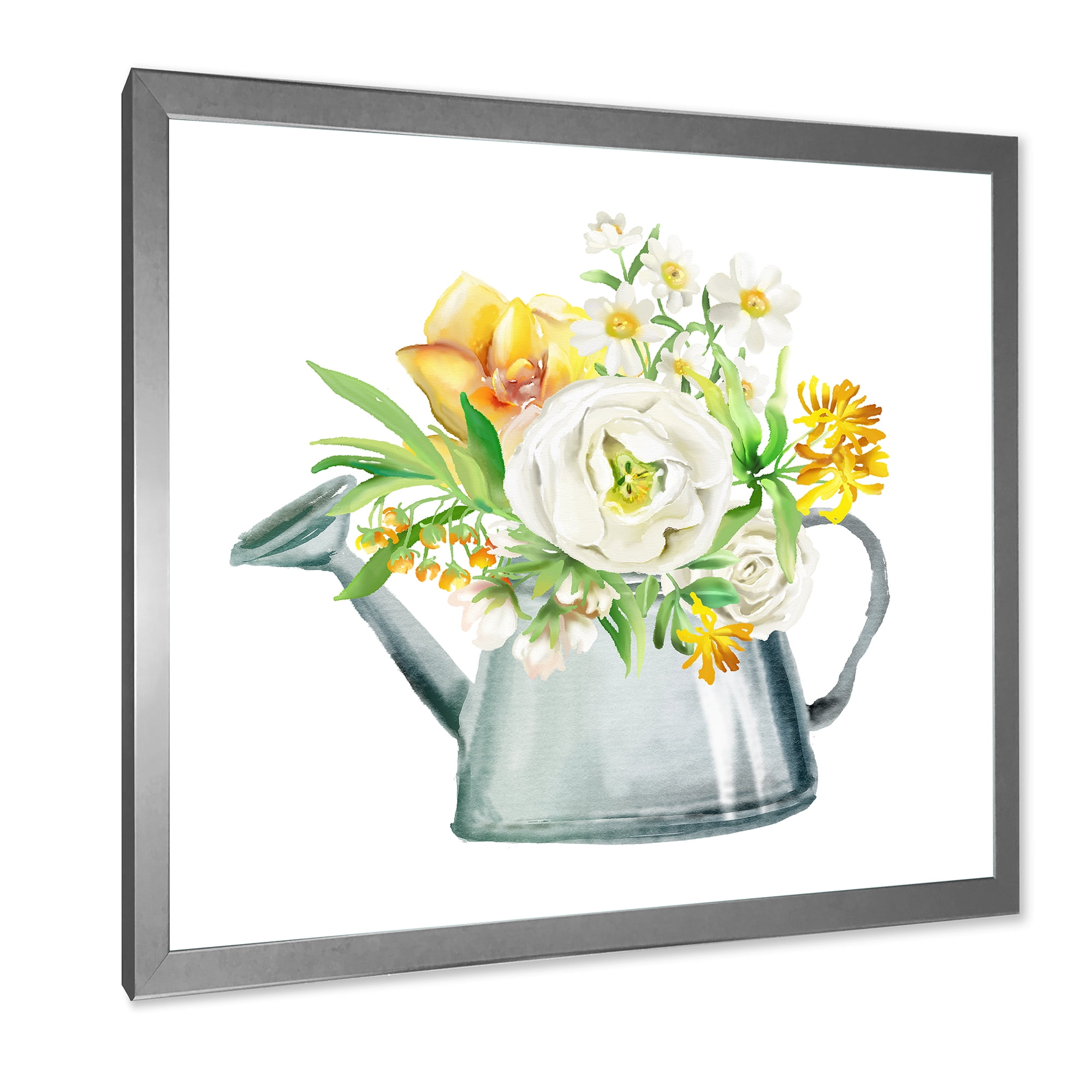 Marigolds Roses and Peonies In Garden Watering Can 30 in x 30 in Framed Painting Canvas Art Print, by Designart