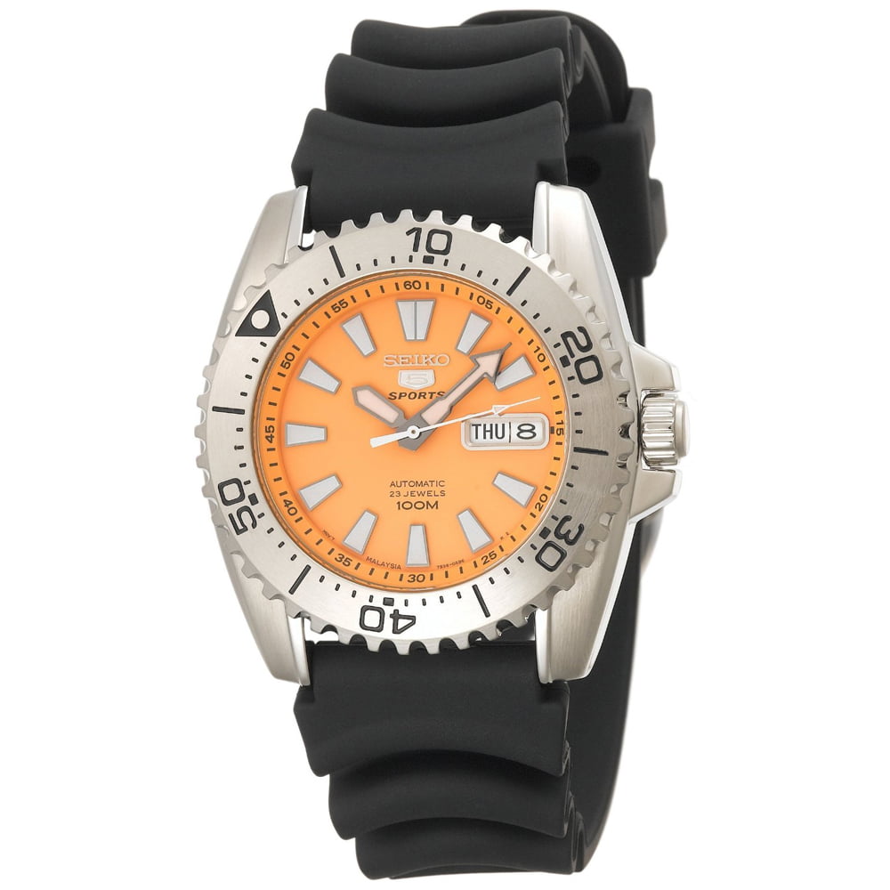 Seiko Men's SNZG49 5 Automatic 23 Jewels Orange Dial Polyurethane Rubber  Strap Sports Watch 