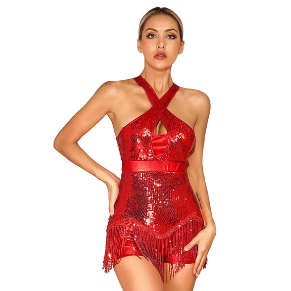 ZALDITA Women's Sparkling Sequins Crisscross Front Tassel Latin Jazz Dance Leotard Bodysuit Red S