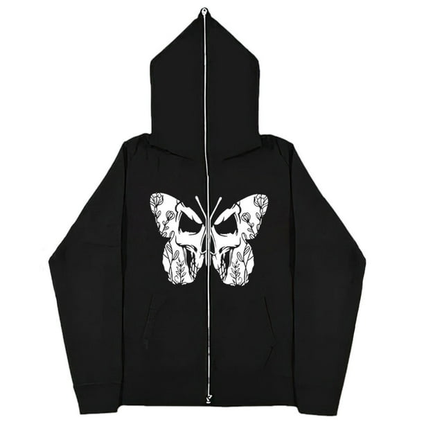 Sudaderas informales con mariposas Y2k oscuras europeas y americanas para hombres y mujeres, sudaderas con capucha góticas para parejas, sudadera con cremallera de gran tamaño Harajuku