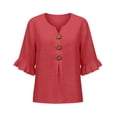 thumbnail image 4 of Oversized Tshirts for Women Casual Cotton Linen Blouse V Neck 3/4 Sleeve Button Decor Loose Fit Red Summer Tops for Women, 4 of 9