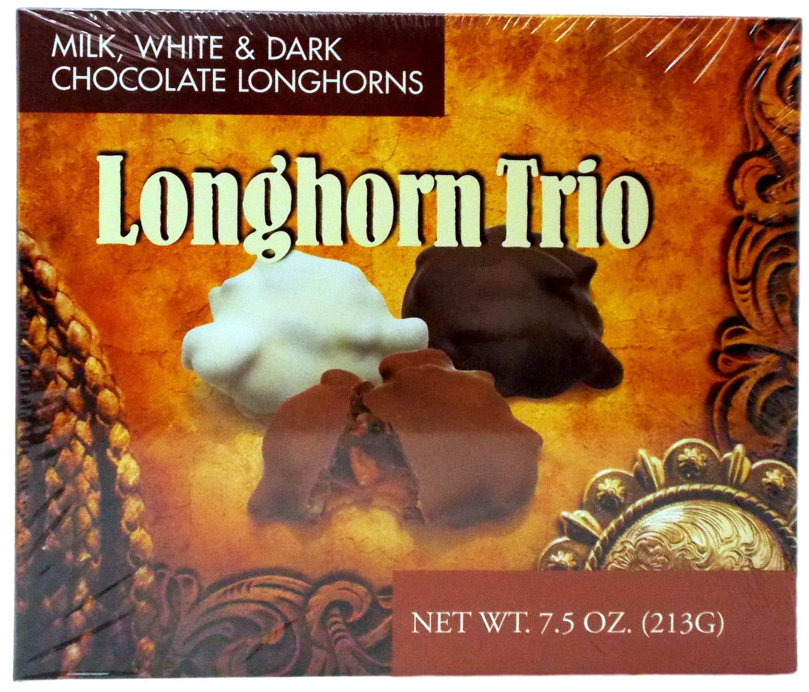 Lammes Candies Longhorn Trio Nut Clusters Gift Box – Dark, Milk & White Chocolate Pecan Praline Caramel Candy – 7.5 oz with MerlinsMart Zine